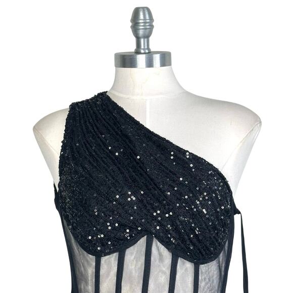 Mac Duggal One Shoulder Sequin Mini Dress Sheer Bustier Side Drape Black 20686 - Picture 13 of 16